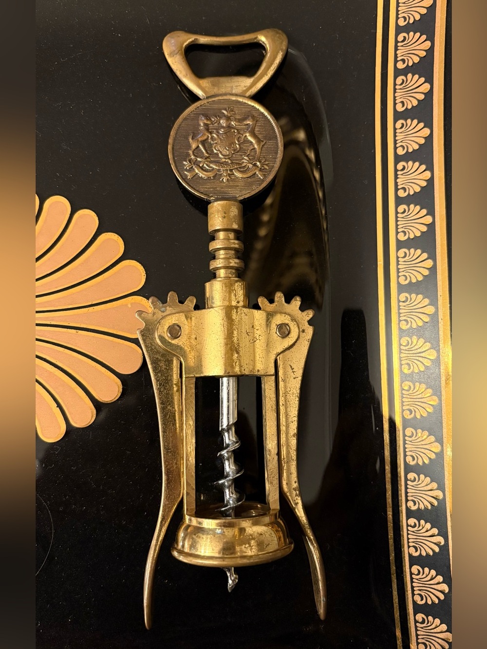 VTG Solid Brass Corkscrew Wine Bottle Opener Winged. Made In Italy. HONOR emblem
